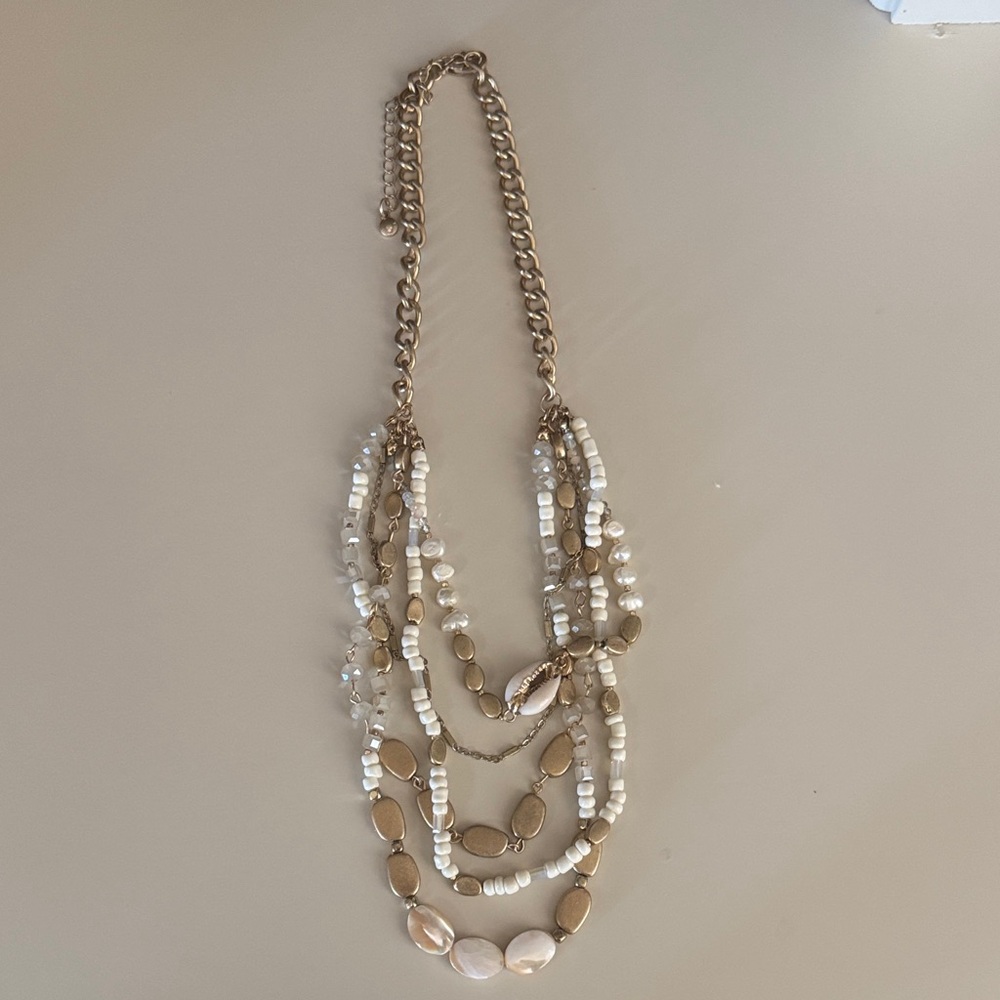 Women’s Gold and White 3 Tier Layered Necklace OS EUC